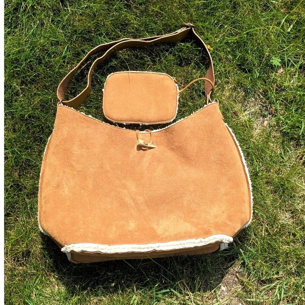 Y2K Boho GAP Faux Shearling Hobo Purse & Coin Purse Set Tan Faux Suede Hippie